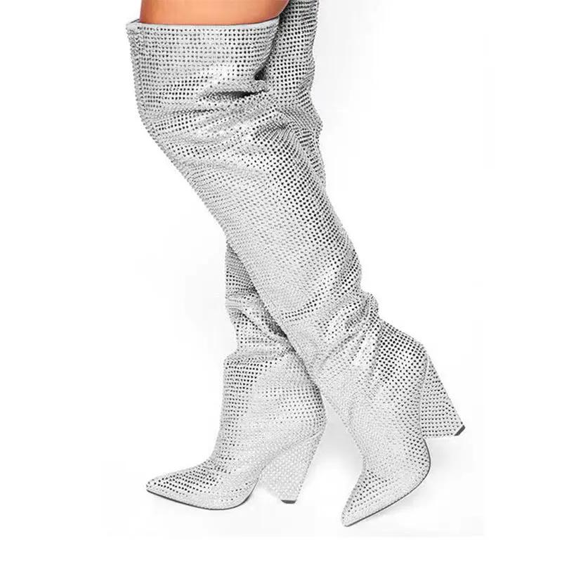 Pointed Tapered Heel Wedge Starry Rhinestone Plus Size Below The Knee Boots Cjdropshipping