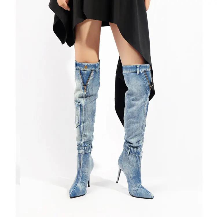 New Denim Over The Knee Elegant Slim Heel High Heel Riding Boots Cjdropshipping