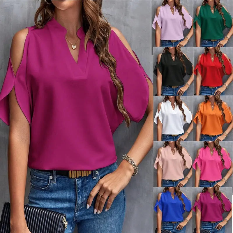 V-neck Graceful And Fashionable Off-the-shoulder Sleeves Women's Top JNi3 shop