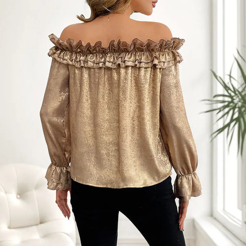 Off-shoulder Long Sleeve Golden Shirt For Women Autumn JNi3 shop