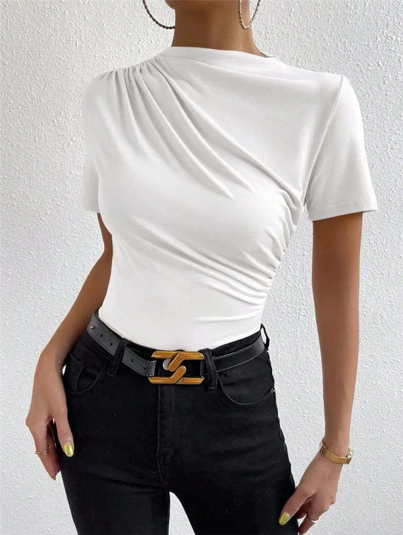 Women's Slim-fit Short-sleeved T-shirt With Small Turtleneck Pleating Cjdropshipping