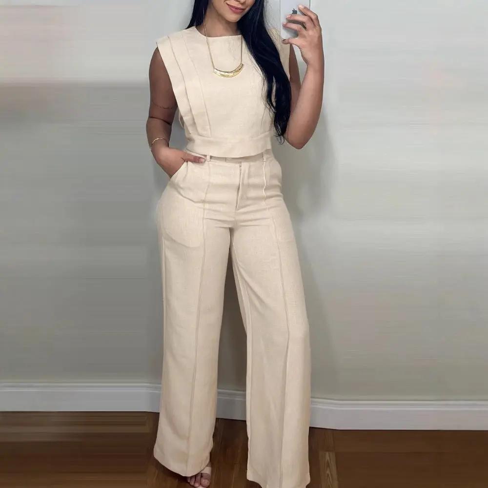 Summer Sleeveless Suit Fashion Round Neck Vest Top And Pocket Straight Pants Casual Trousers Set For Women Clothing Cjdropshipping