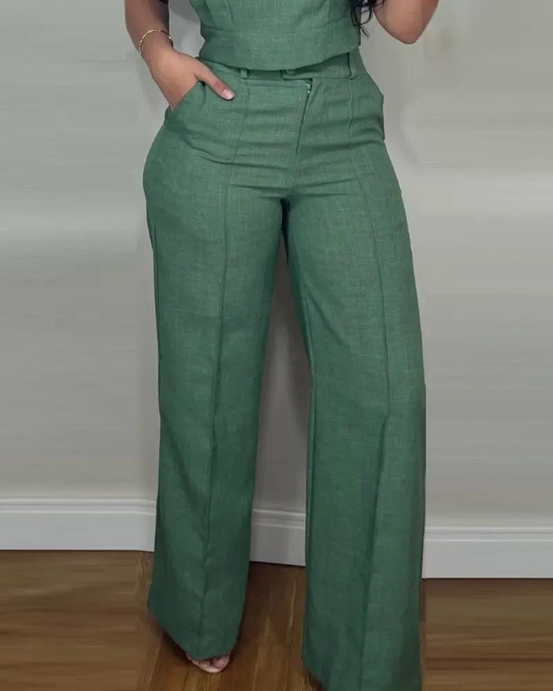 Summer Sleeveless Suit Fashion Round Neck Vest Top And Pocket Straight Pants Casual Trousers Set For Women Clothing Cjdropshipping