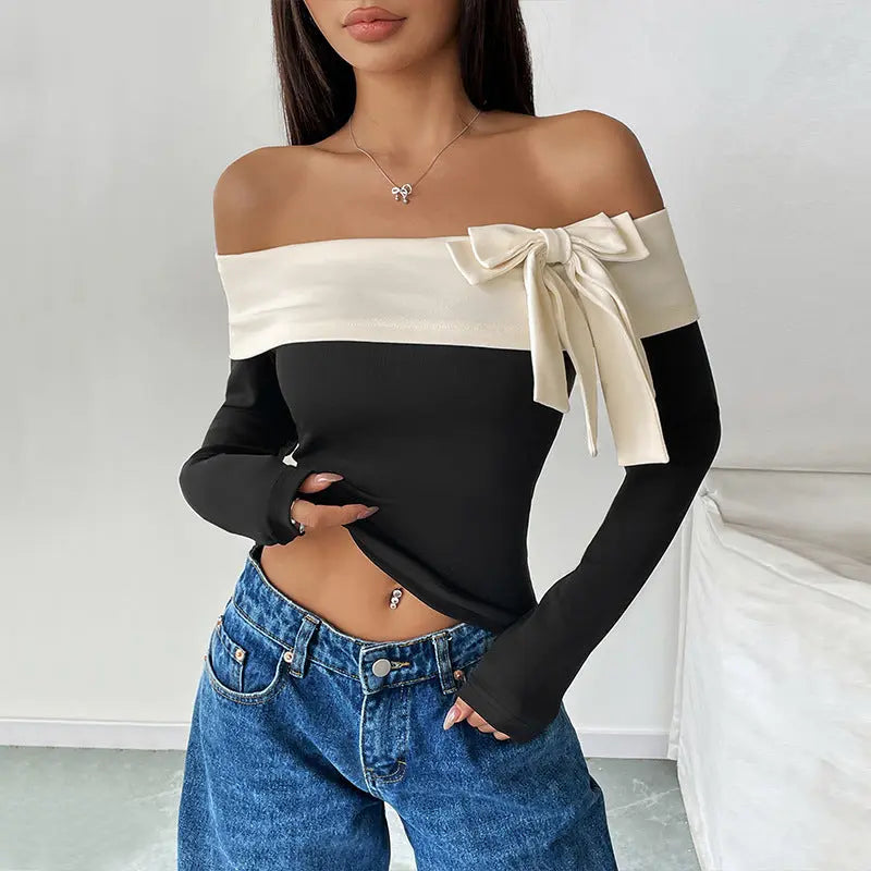 Women's Fashion Off-neck Bow T-shirt JNi3 shop