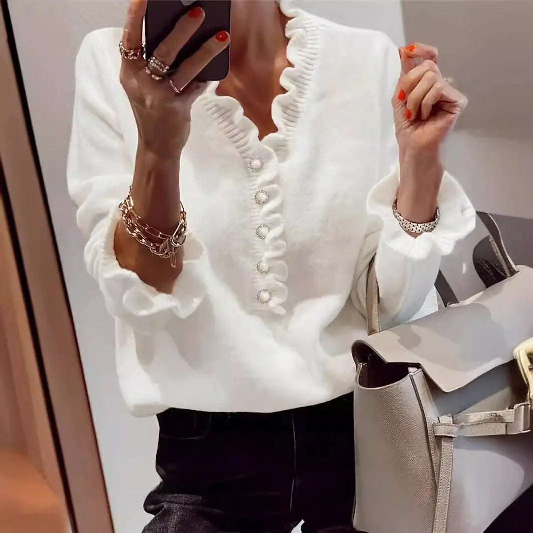 Winter V-neck Ruffled Knitted Sweater Fashion Pullover Long-sleeved Tops For Women JNi3 shop