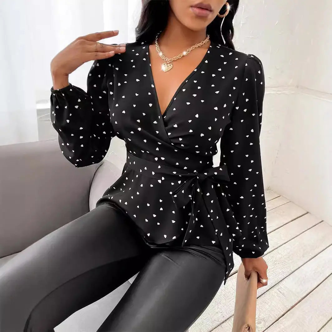 Women's V-neck Heart Shape Printed Cross Collar Drawstring Shirt Cjdropshipping