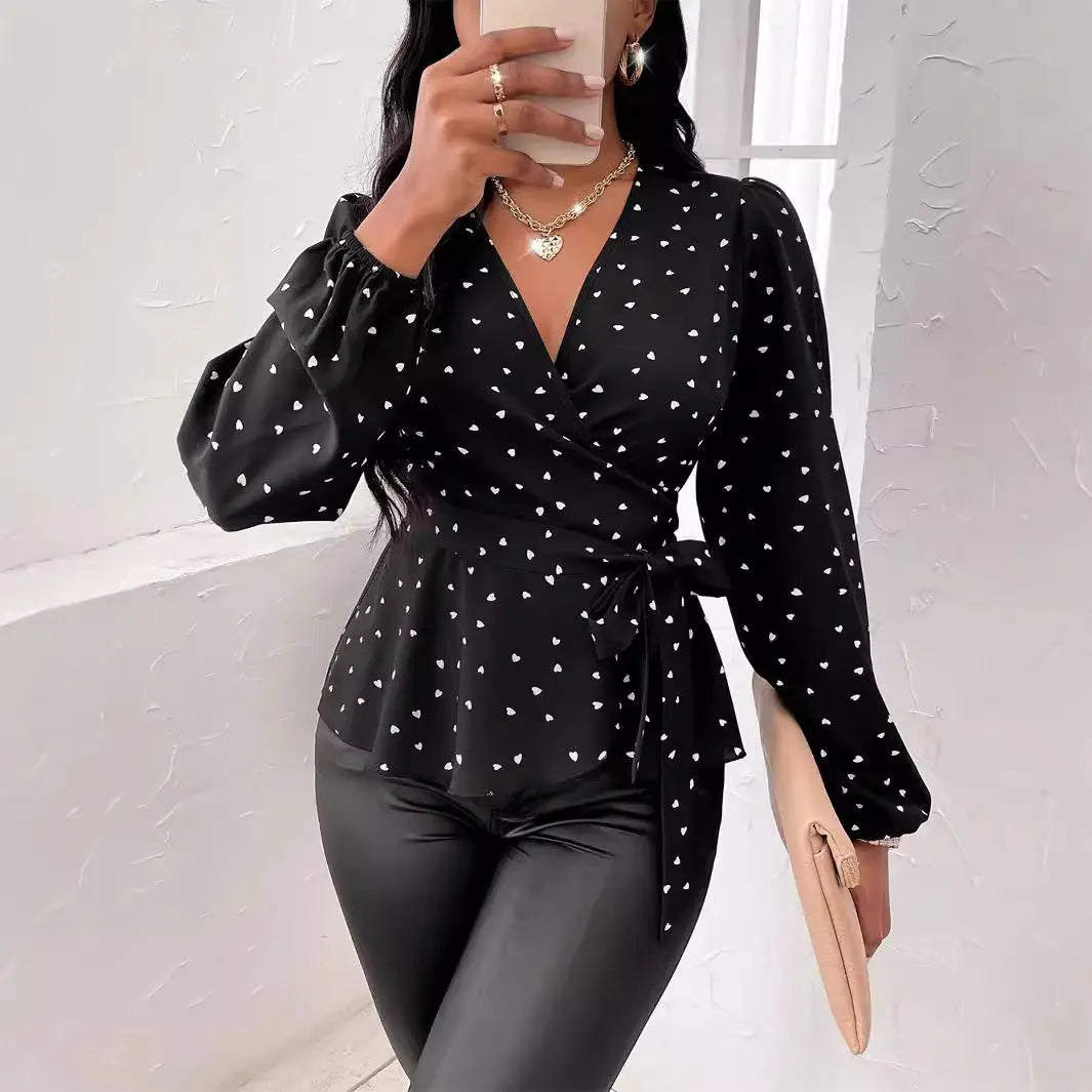 Women's V-neck Heart Shape Printed Cross Collar Drawstring Shirt Cjdropshipping