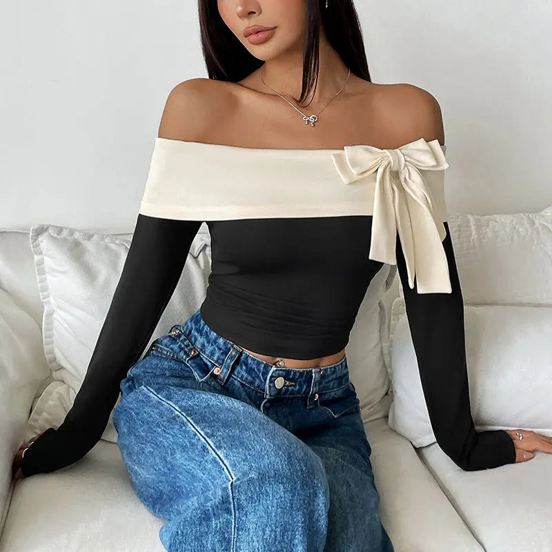 Women's Fashion Off-neck Bow T-shirt JNi3 shop