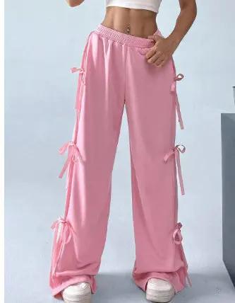 Elastic Waist Solid Color Bow Lace Up Casual Straight-leg Pants Cjdropshipping