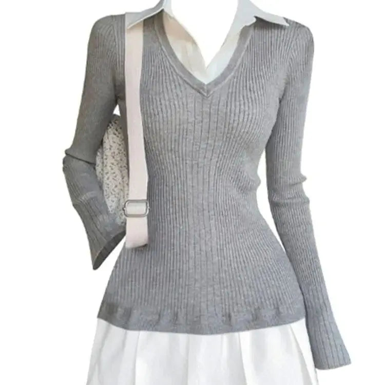 Autumn And Winter Preppy Style Fake Two-piece Mini Knitted Shirt JNi3 shop