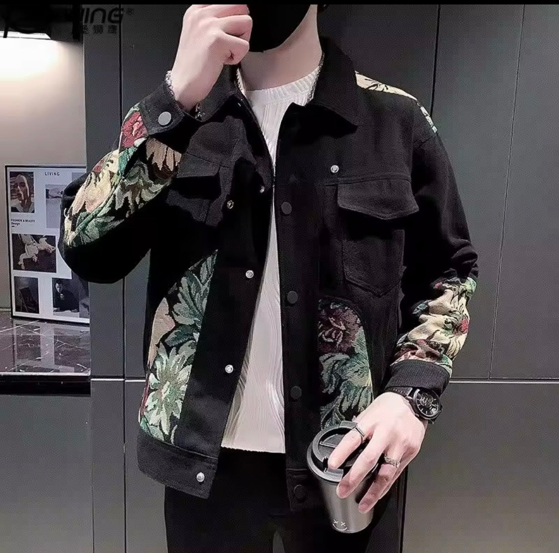 Men's Vintage Floral Patchwork Jacket | Retro Trim Trucker Coat