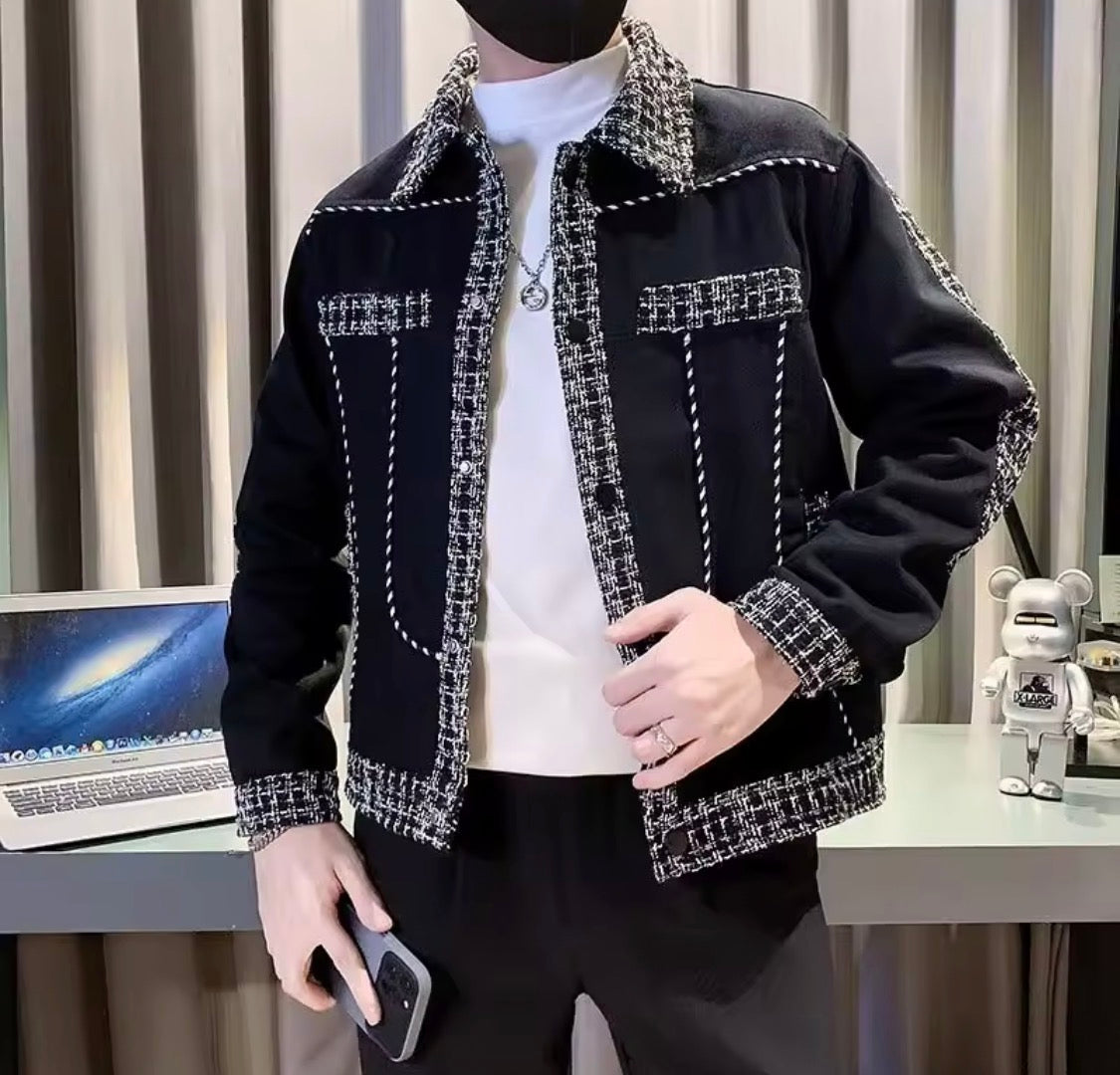 Men's Turn-Down Collar Long Sleeve Tweed Trim Patchwork Color Block Casual Button-Down Jacke