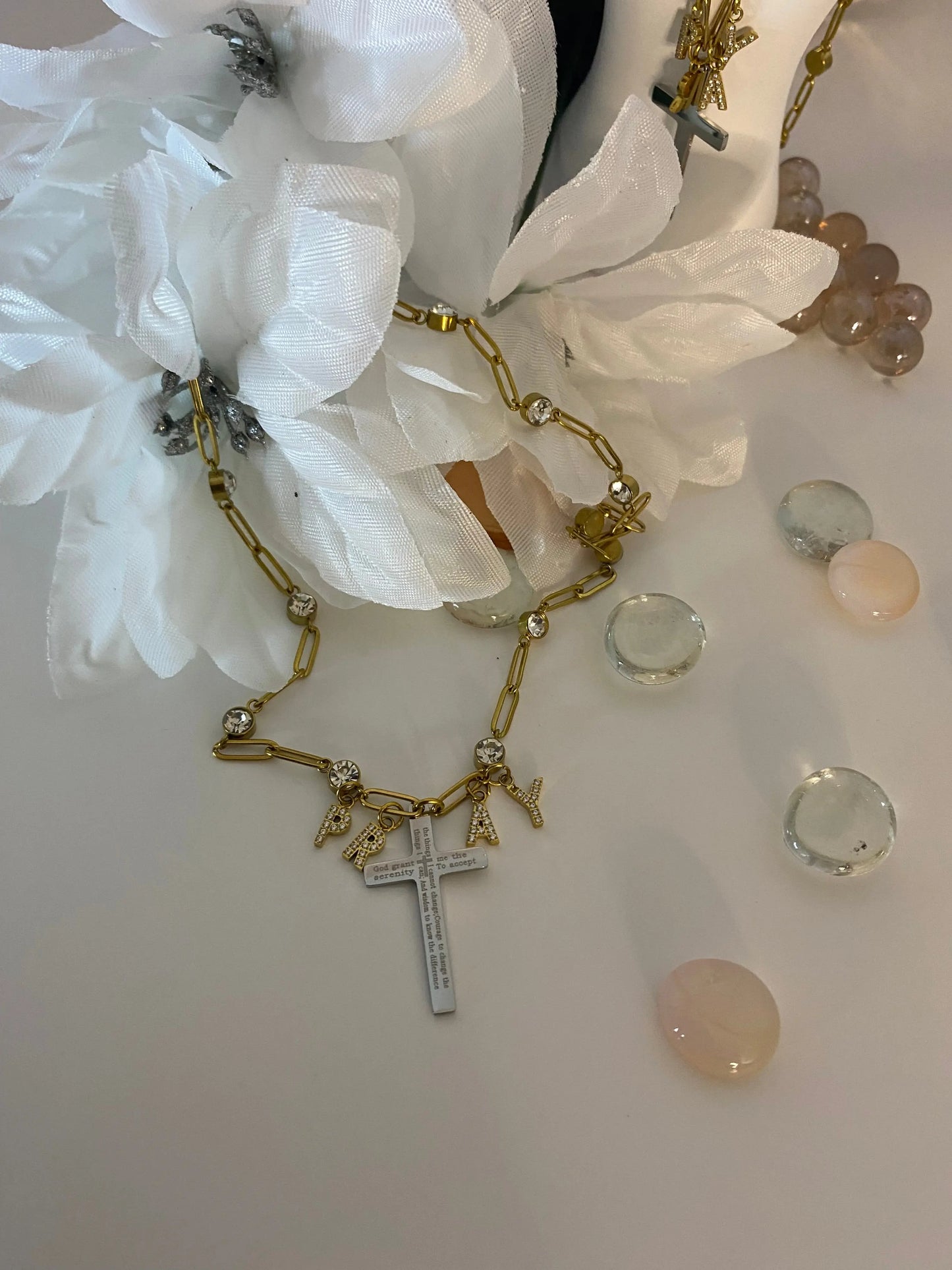 18K Gold PVD “PRAY” Cross Charm Necklace – Non-Tarnish Stainless Steel with CZ Accents - JNi3 shop