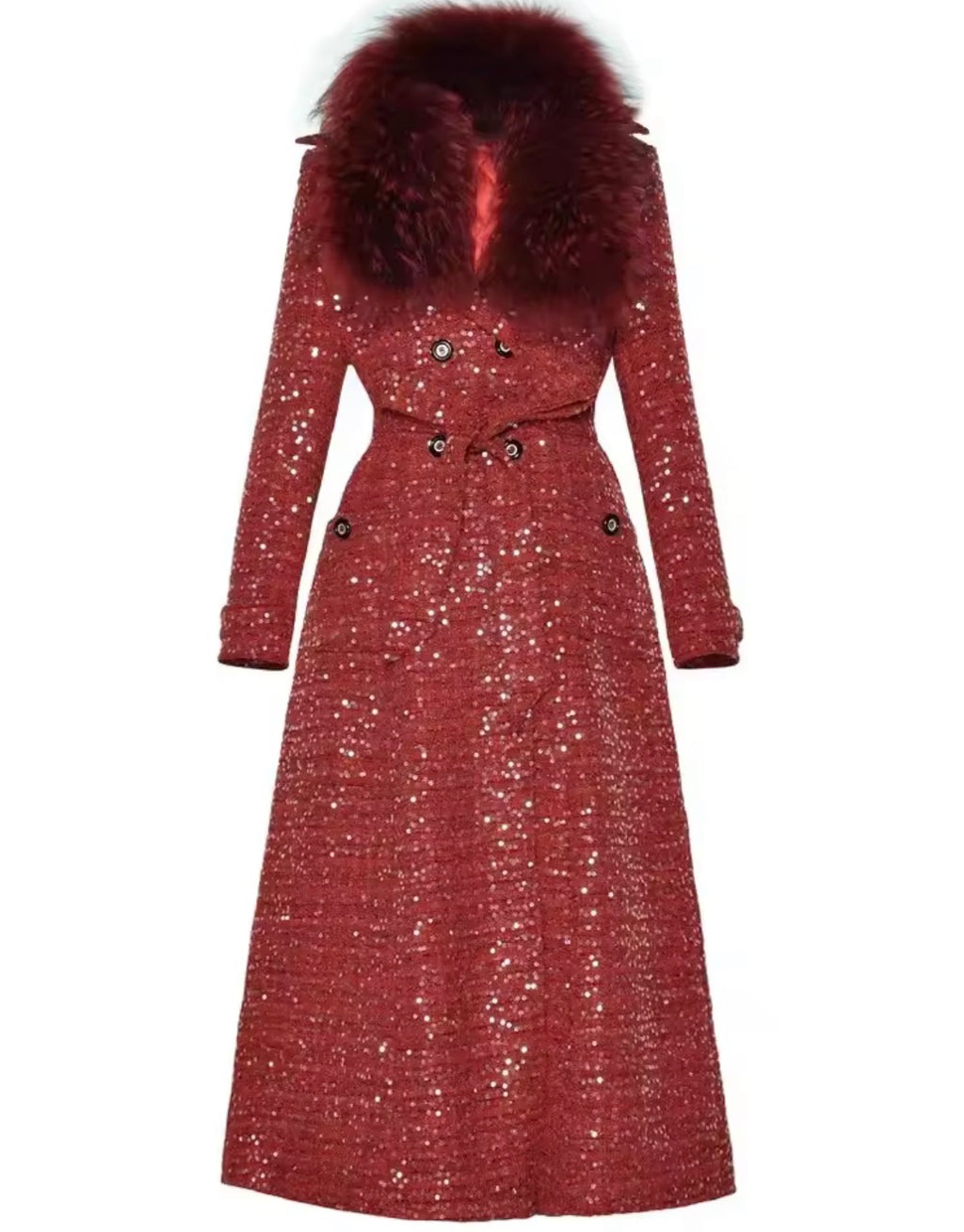 Elegant Sparkly Tweed Long Sequin Trench Belted Evening Overcoat with fur collar