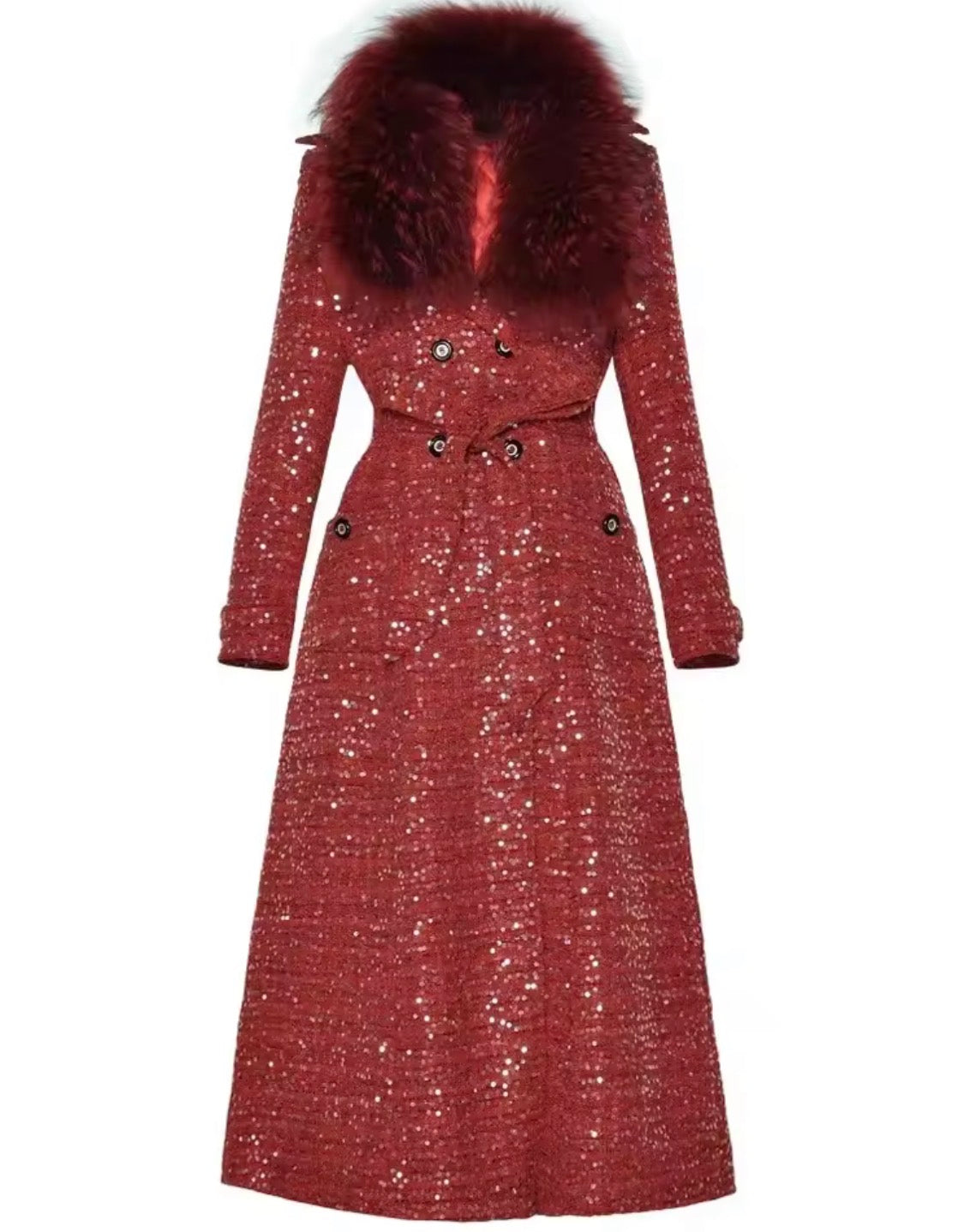 Elegant Sparkly Tweed Long Sequin Trench Belted Evening Overcoat with fur collar