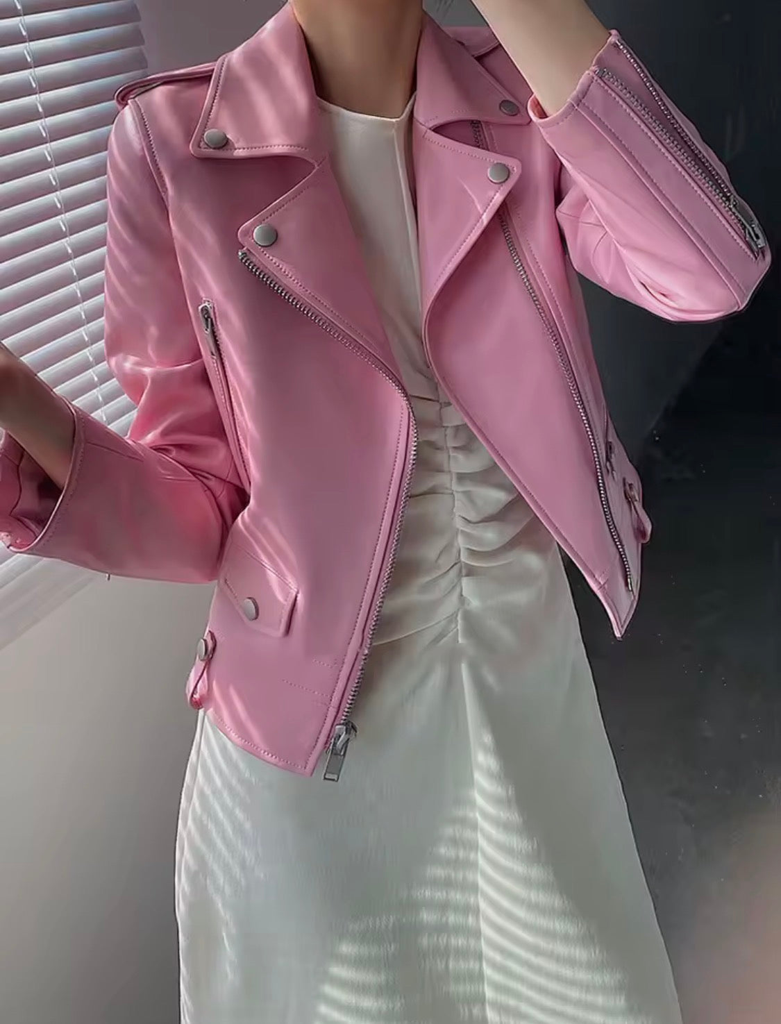 Pink Leather Moto Jacket for Women, Genuine Leather Biker Jacket, Pastel Pink Motorcycle Jacket