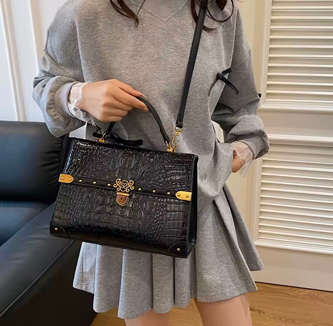 Vintage Crocodile Pattern Satchel Handbag