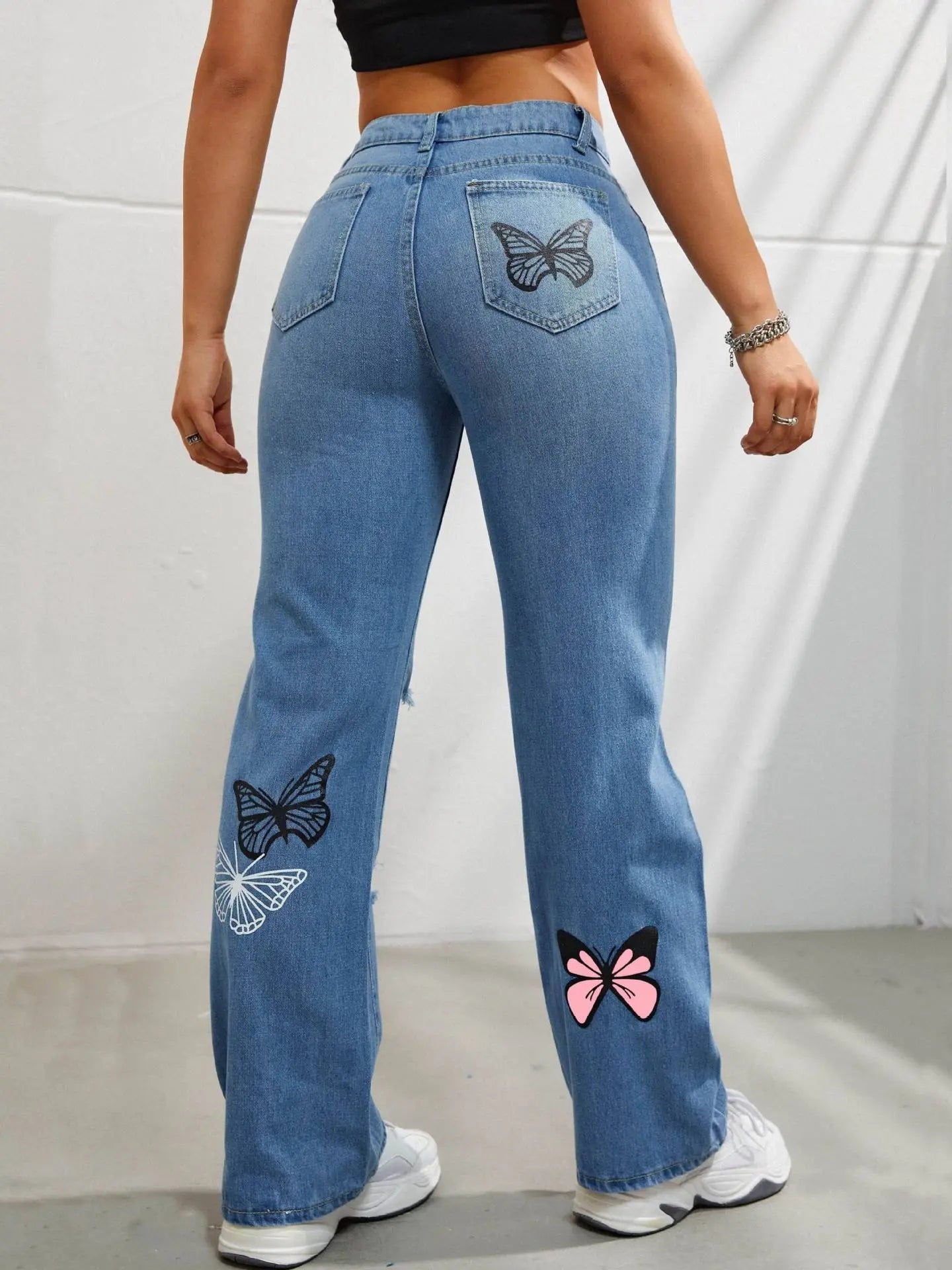 High Waisted Straight Leg Jeans For Women Trendy Butterfly Print Ripped Distressed Denim Pants JNi3 shop