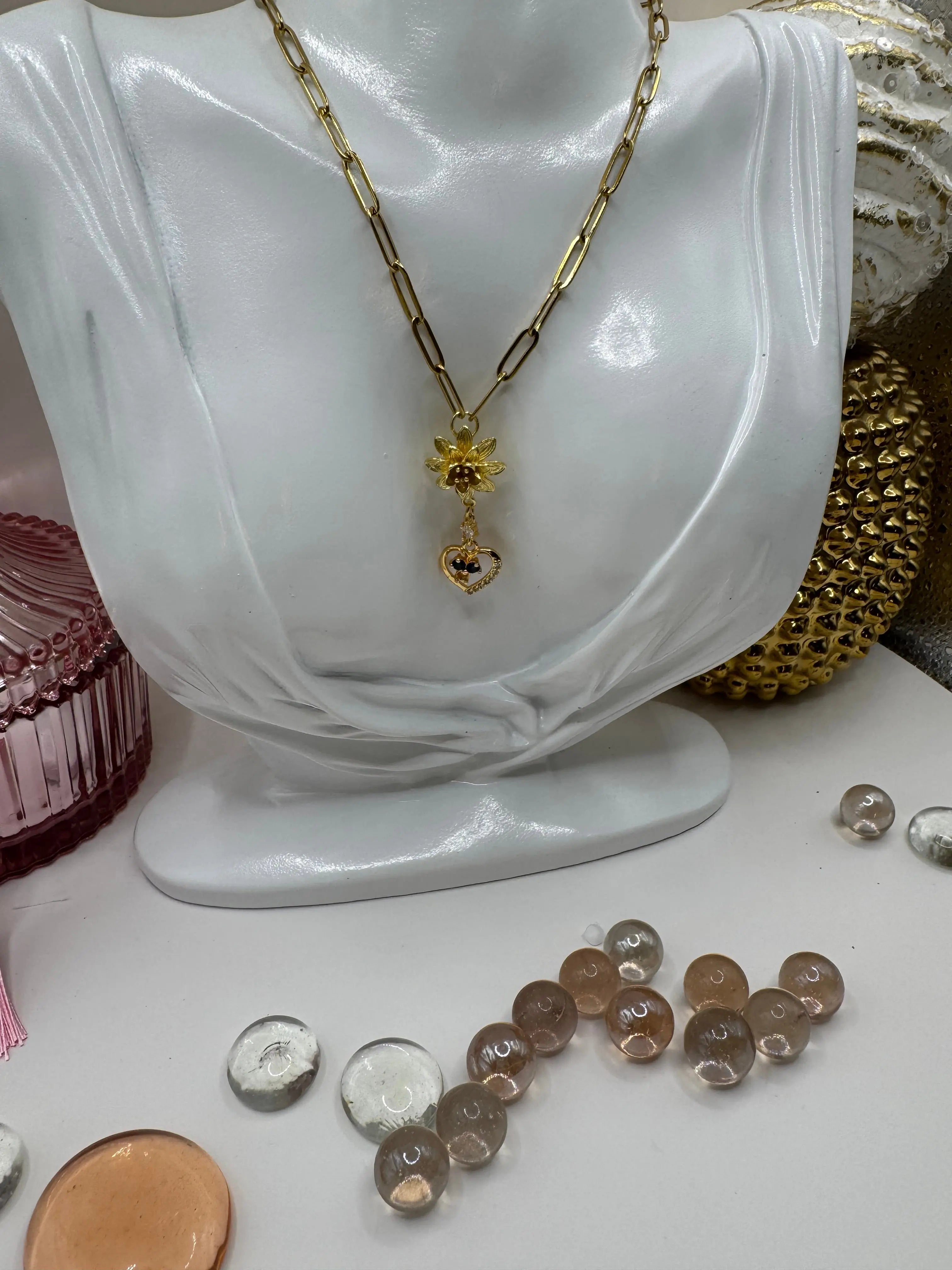 Blue Bloom Heart Drop – 18k Gold PVD Necklace with Floral Accent and Blue Crystal Heart Charm - JNi3 shop