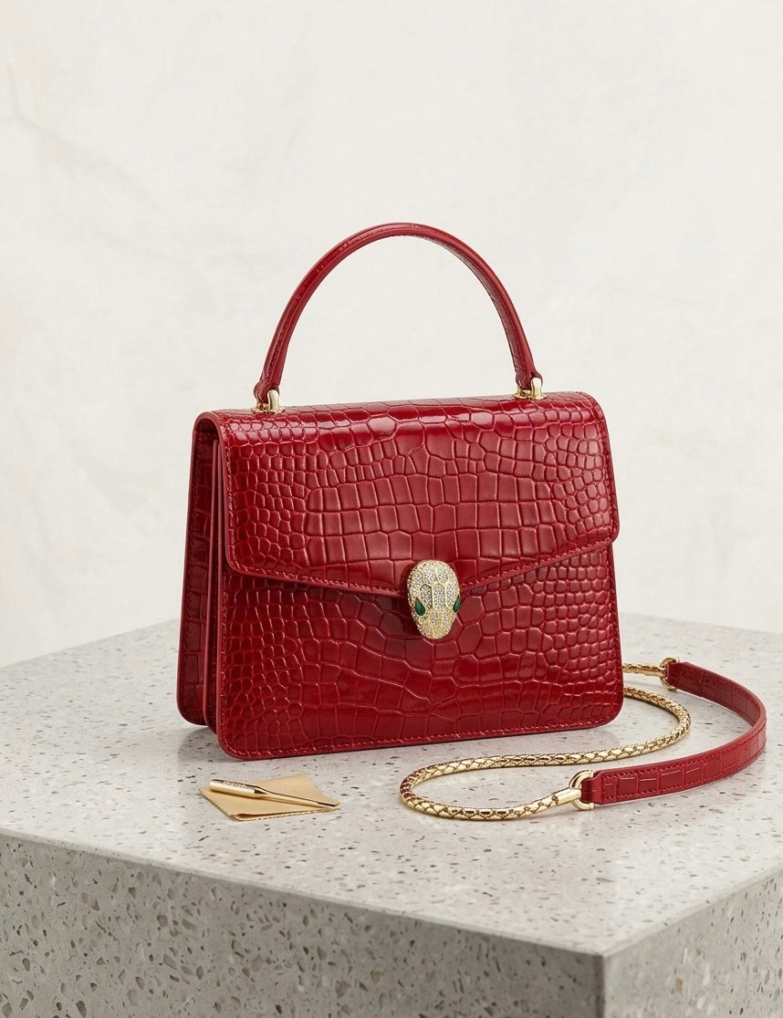 Red Croc Embossed Leather Handbag with Gold Serpent Snake Clasp | Emerald Eye Snake Head Top Handle Bag