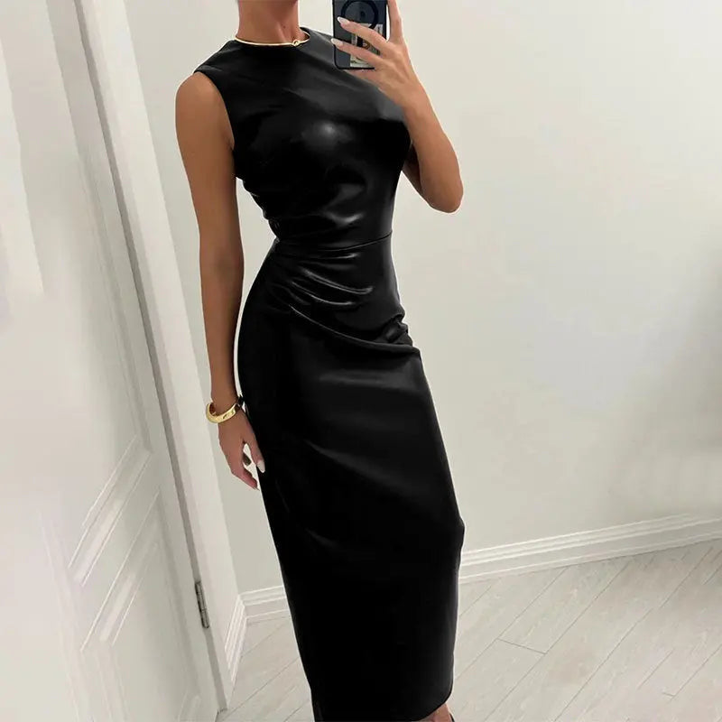 black leather dress and brown coat outfit