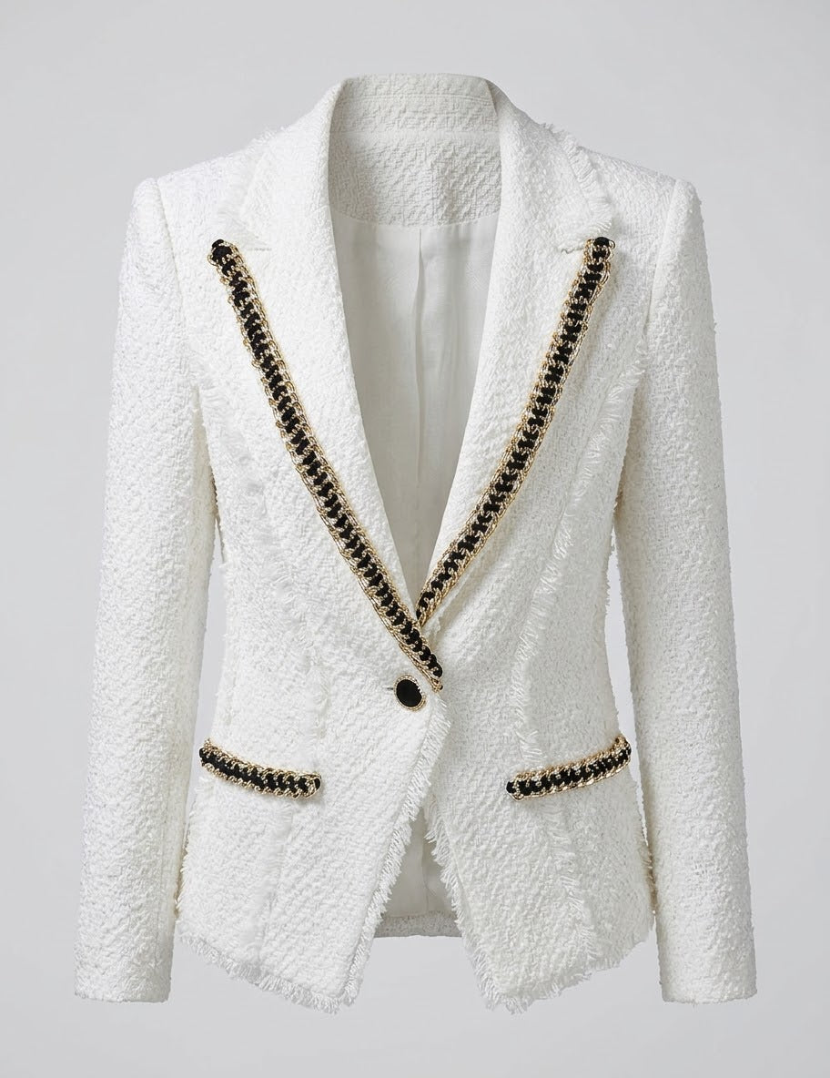 White Tweed Blazer with Black & Gold Chain Trim | Luxury Fringe Trim Jacket | Designer Inspired Chic Tailored Outerwear