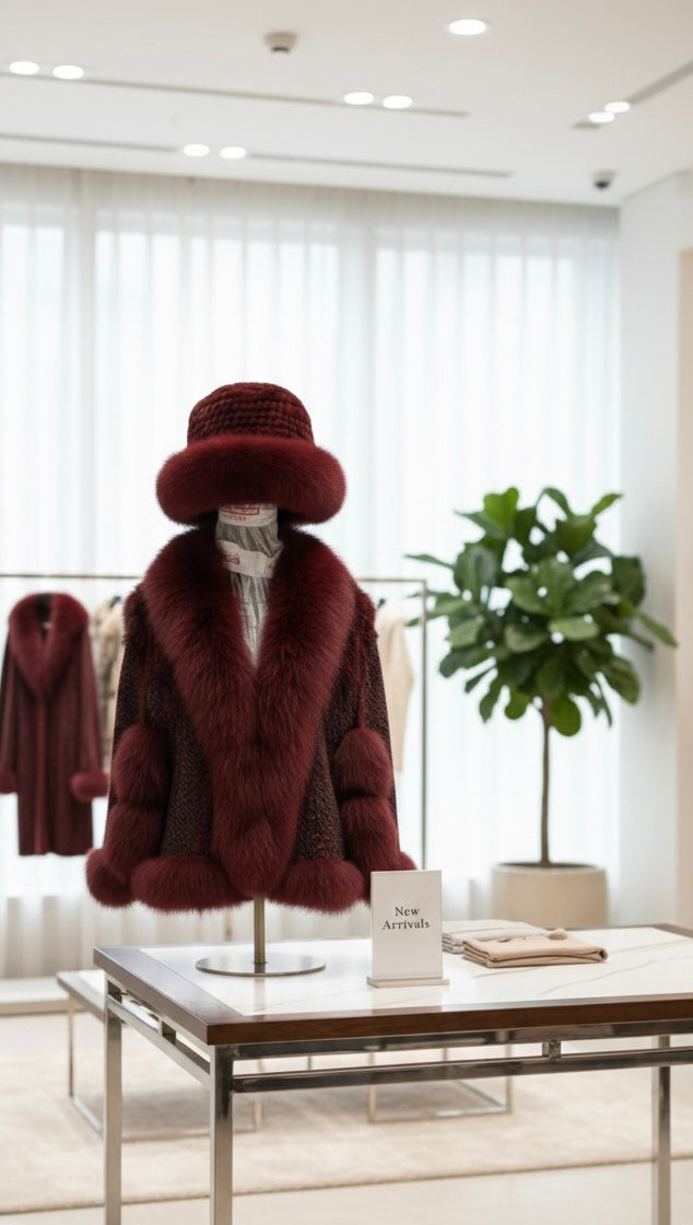 Mink fur ponchos and Hat set|Fox Fur trim