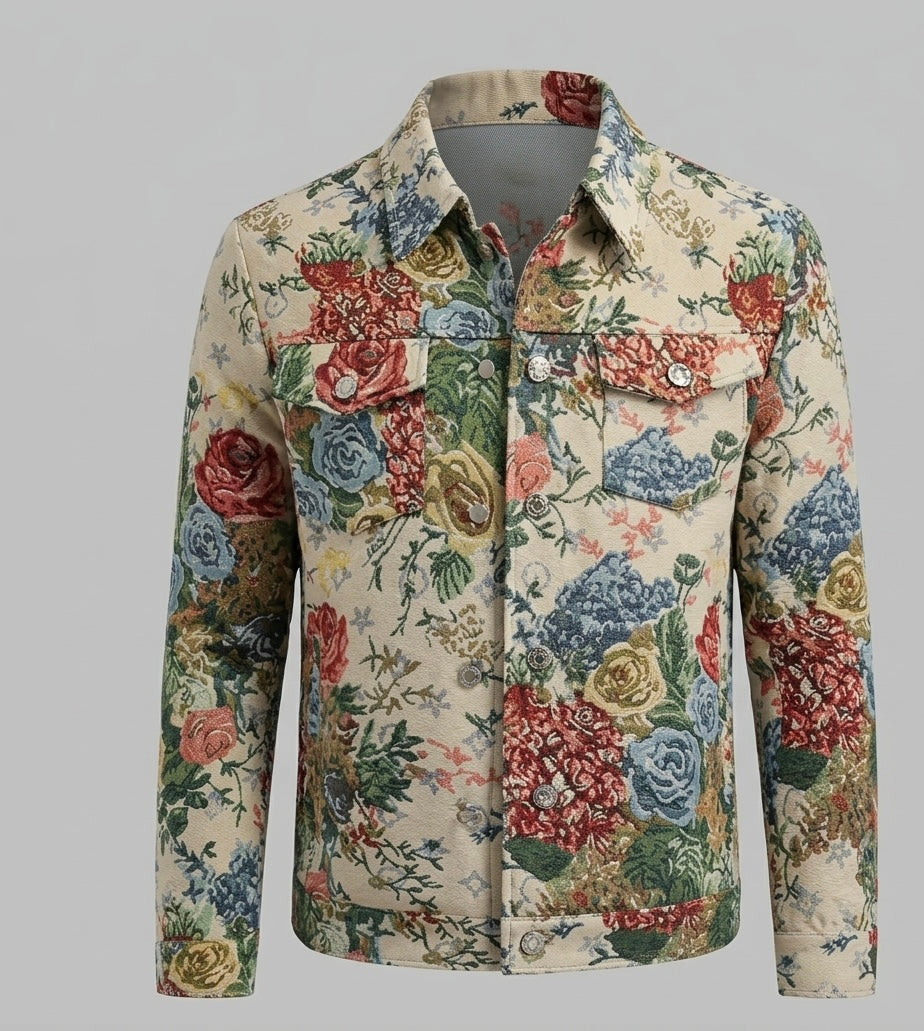 Vintage Inspired Jacquard Floral Men’s Trucker Jacket, Textured Tapestry Western Coat