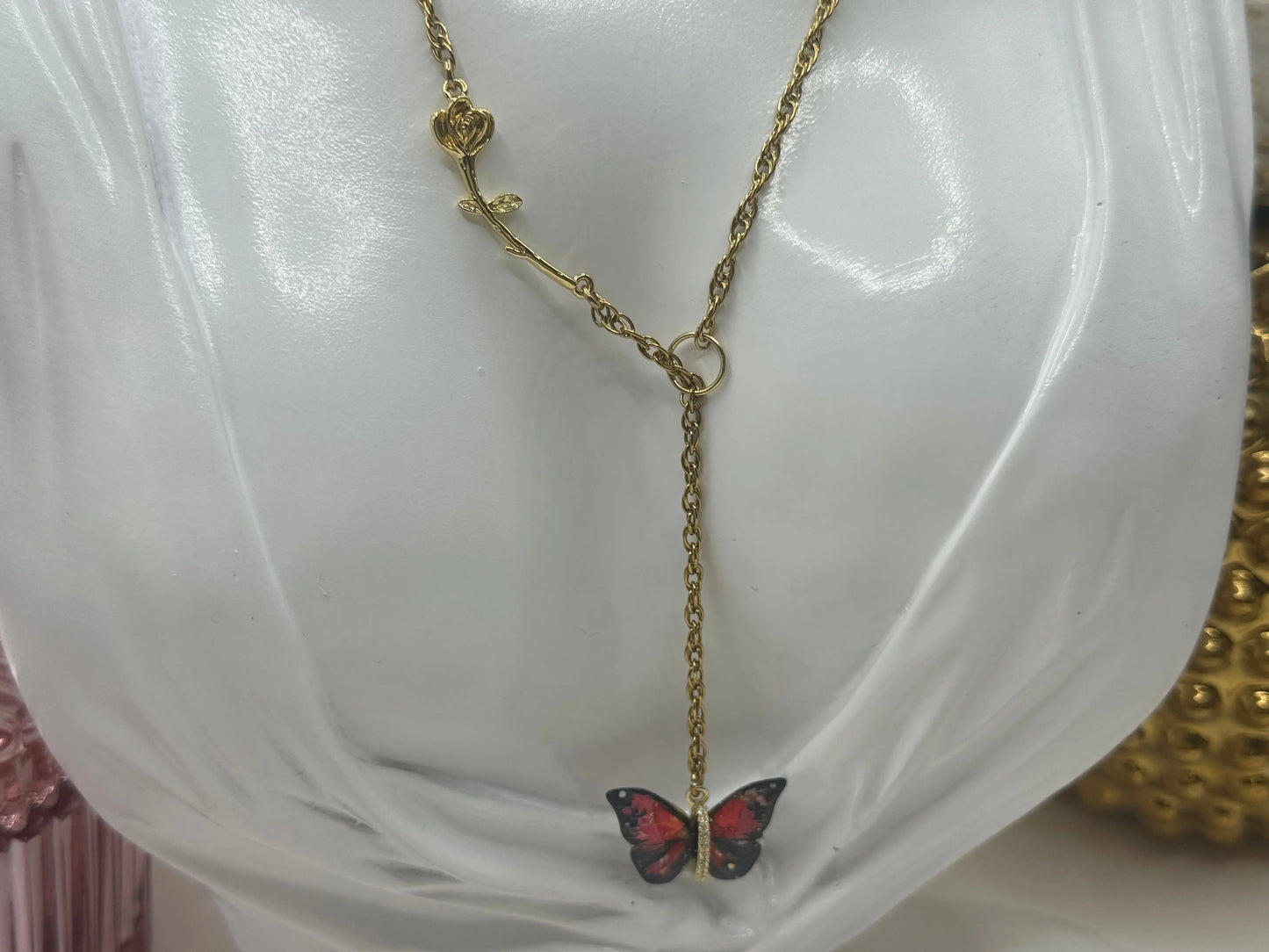 Red Butterfly Garden, 18k Gold PVD Plated flower Necklace with red butterfly - JNi3 shop