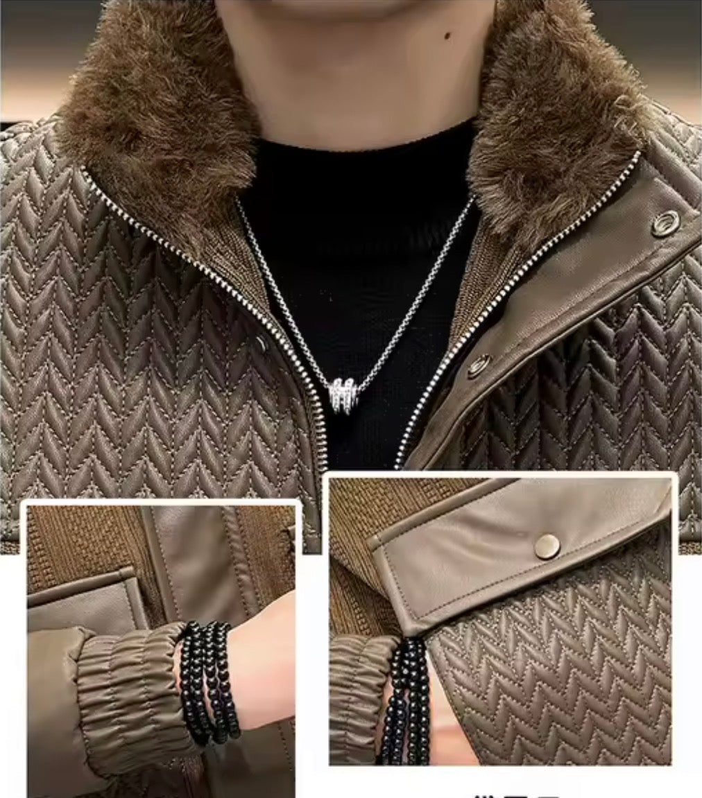 Men’s Fleece-Lined PU Leather Jacket – Bomber Jacket with Faux Fur Collar