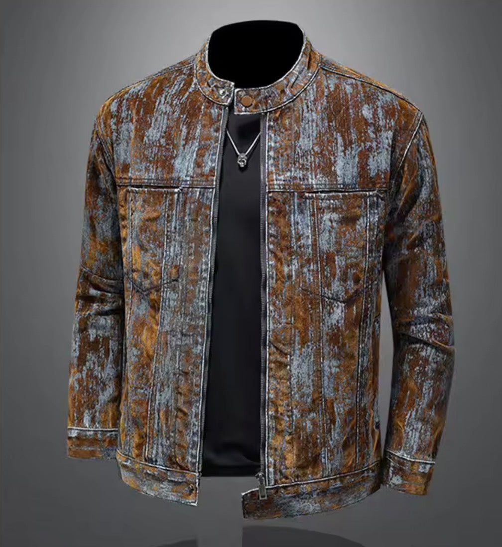 Men’s Distressed Acid-Wash Denim Jacket | Vintage style Moto Biker Stand Collar Zipper Jean Jacket