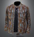 Men’s Distressed Acid-Wash Denim Jacket | Vintage style Moto Biker Stand Collar Zipper Jean Jacket