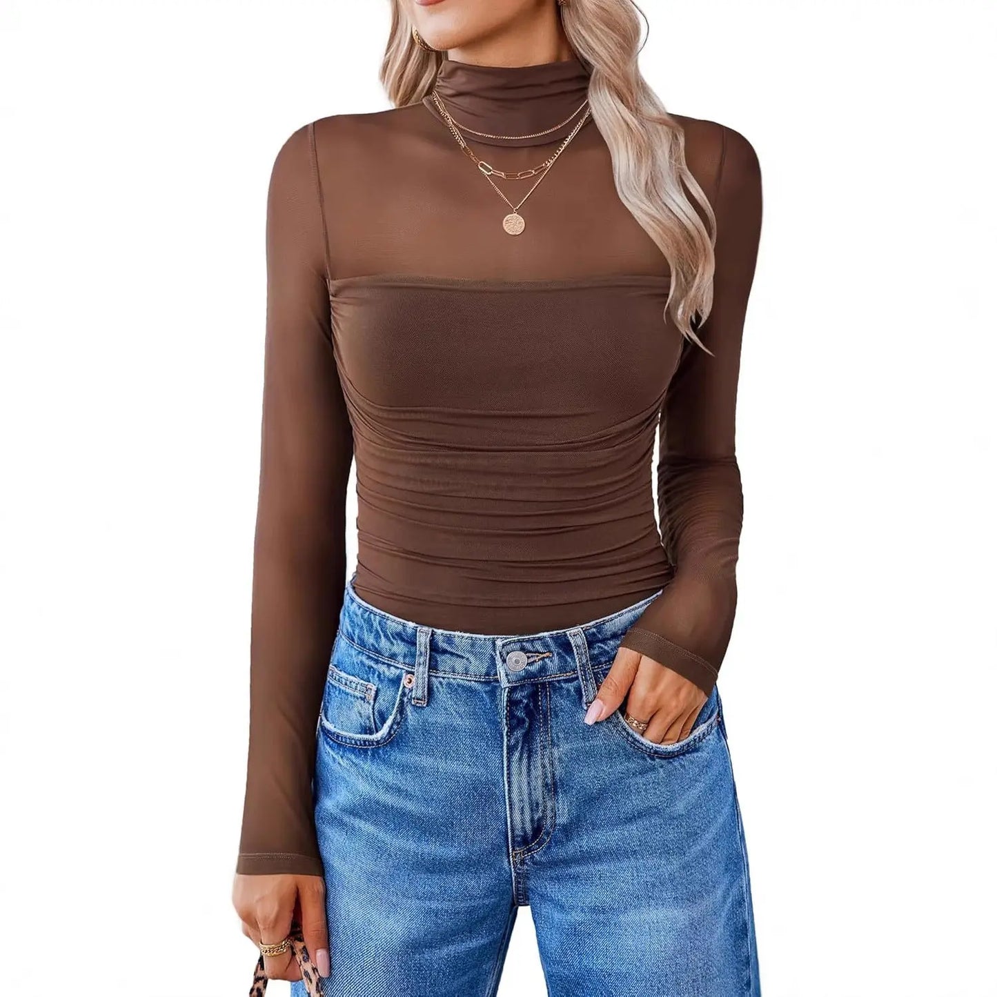 Round Neck Mesh Stitching Sheer Long Sleeve JNi3 shop