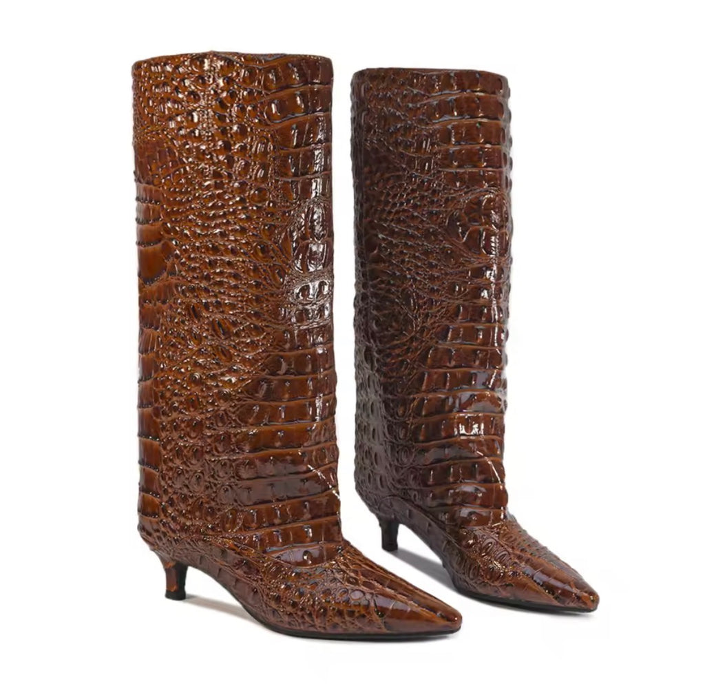 Women’s Slouch Knee-High Boots — Pointed-Toe Kitten Heel Crocodile Embossed Long Boots
