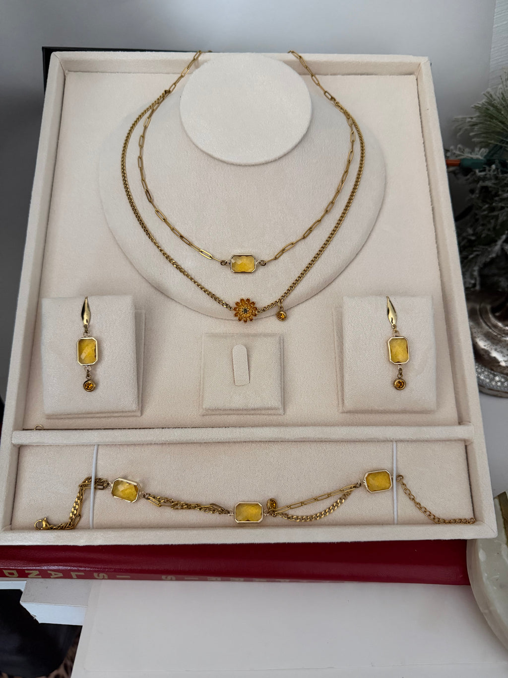 18k Gold PVD Birth Month double layered pendant Necklace, Bracelet and Earrings 3 pce set.