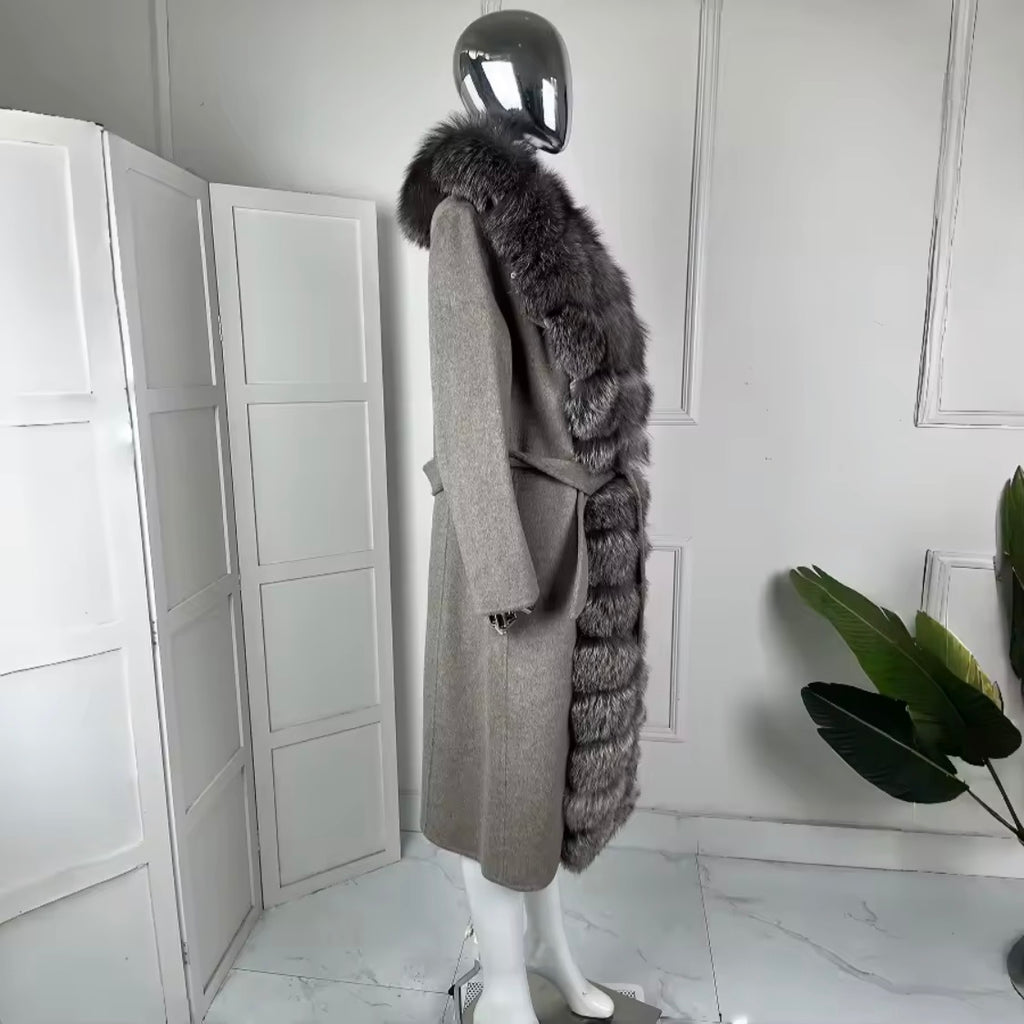 Long Luxury Wool & Cashmere Blend Coat for Women – Winter Warmth with a Genuine Silver Fox Fur Trim & Belted Waist