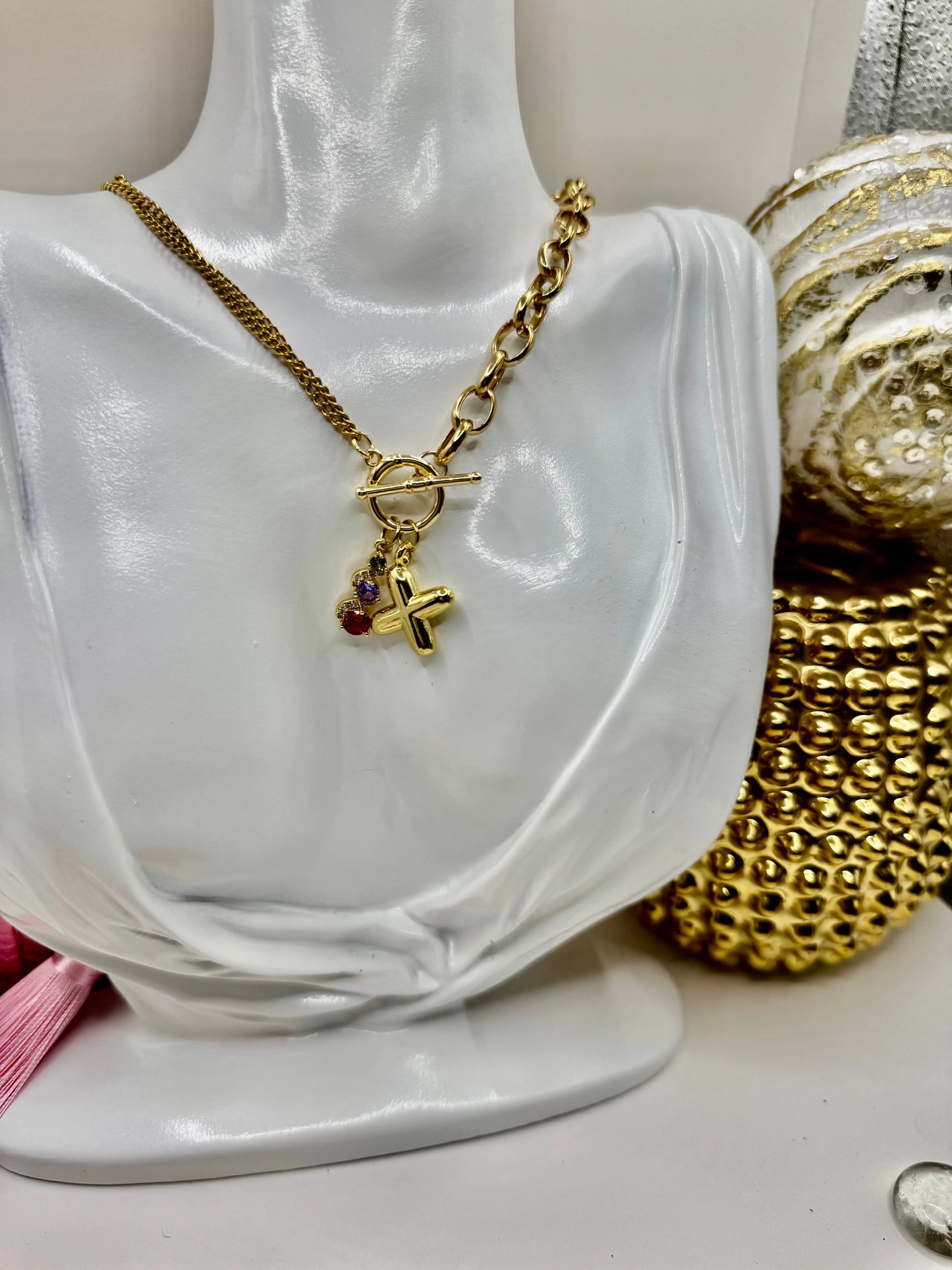 18K Gold PVD Initial Necklace with Multi-Color Gemstone Charms | Toggle Clasp Non-Tarnish Chain - JNi3 shop