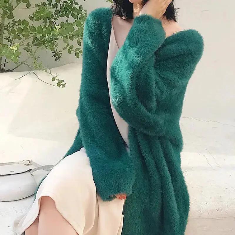 Mink-like Wool Cardigan Loose Size Thickened Mid-length Idle Style Knitted Coat JNi3 shop