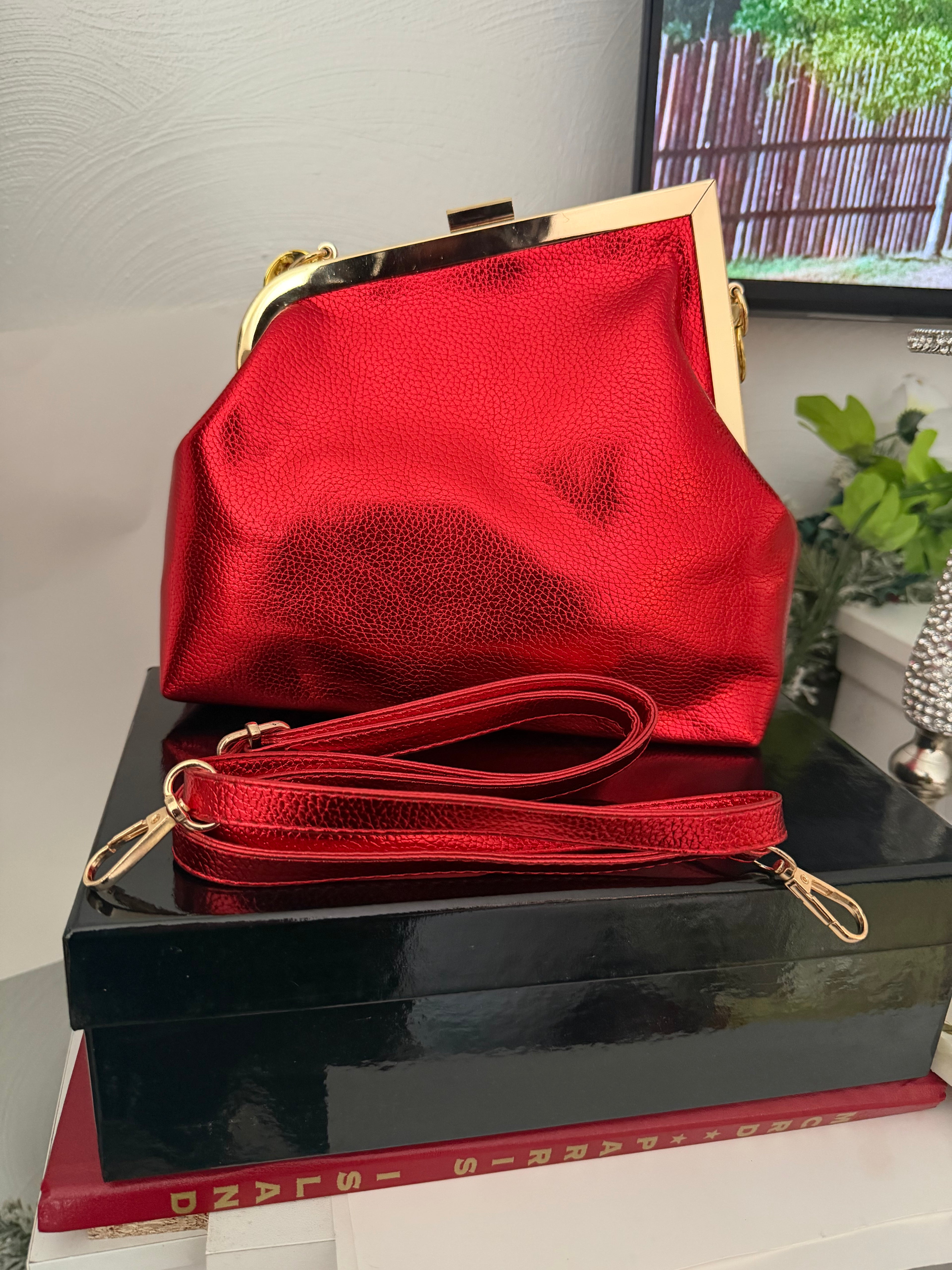 Vibrant Red Laser Stiletto Pumps and Metallic Red Clutch Purse Set – Luxury Chunky Gold Chain Handbag & Pointed Toe High Heels – Formal Gala & Evening Accessory Set