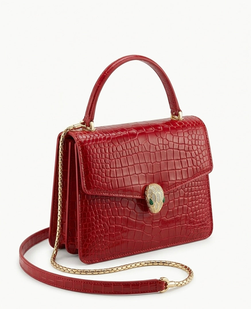 Red Croc Embossed Leather Handbag with Gold Serpent Snake Clasp | Emerald Eye Snake Head Top Handle Bag