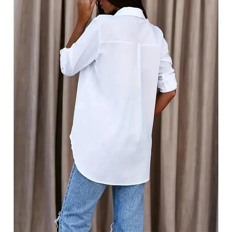 Women's Casual Long Sleeve Button-Down Shirt With Roll-Up Sleeves, Stylish Mid-Length Blouse For Everyday Wear JNi3 shop
