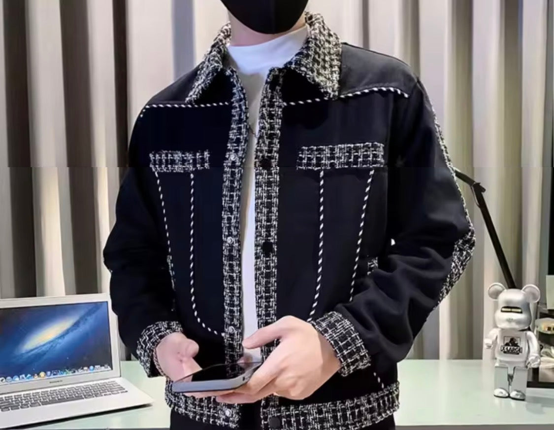 Men's Turn-Down Collar Long Sleeve Tweed Trim Patchwork Color Block Casual Button-Down Jacke