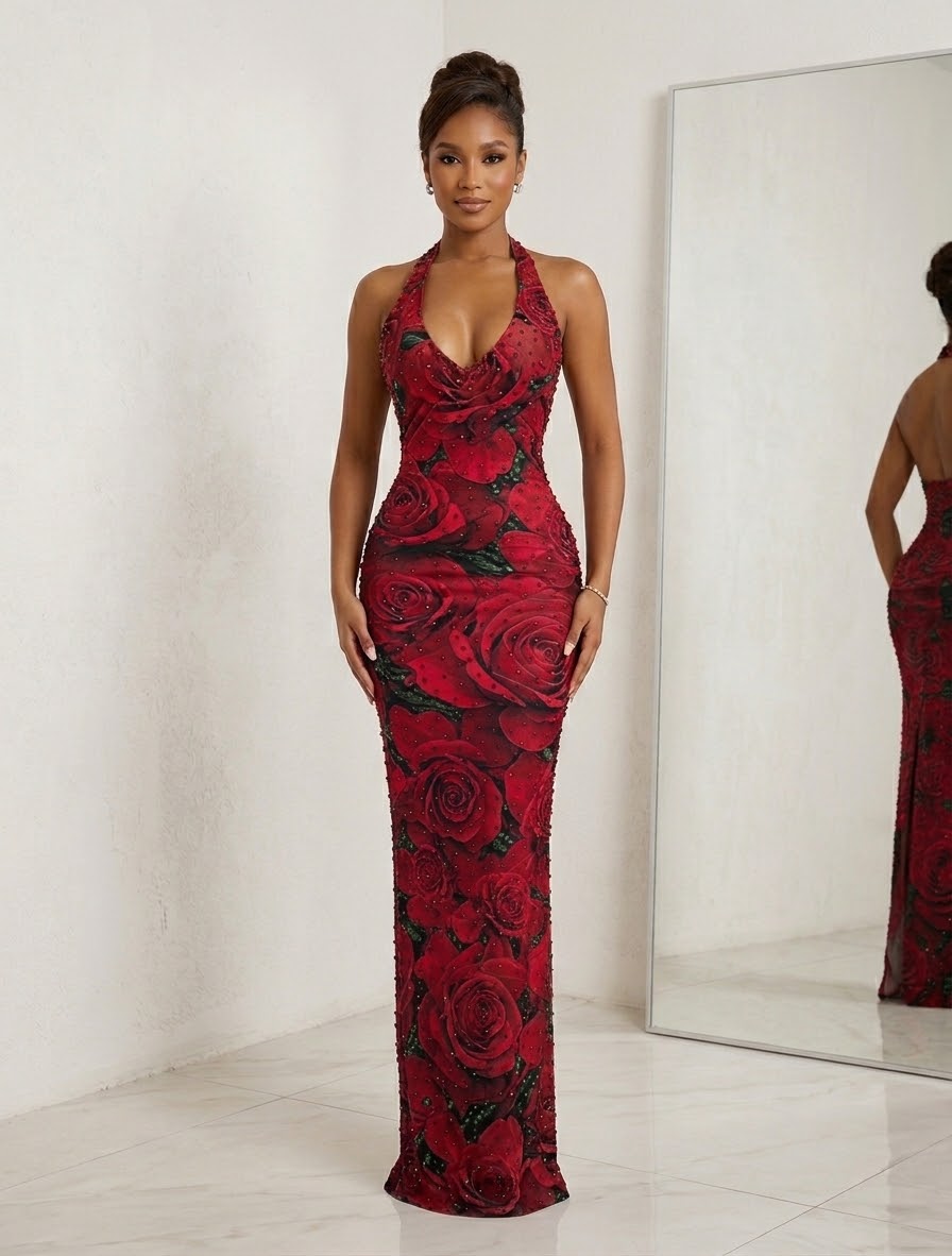 Red Rose Rhinestone Halter Maxi Dress | Floral Mesh Bodycon Evening Gown | Glam Formal Party Dress | Floor Length Backless Dress | Elegant Dress