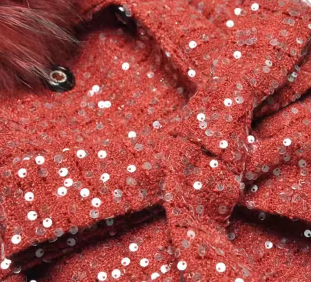 Elegant Sparkly Tweed Long Sequin Trench Belted Evening Overcoat with fur collar