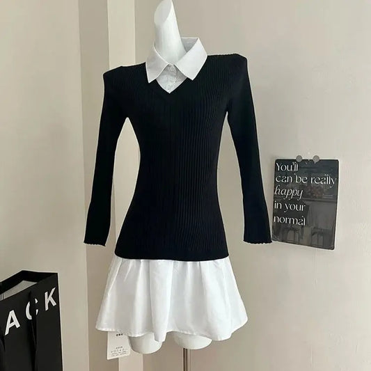 Autumn And Winter Preppy Style Fake Two-piece Mini Knitted Shirt JNi3 shop