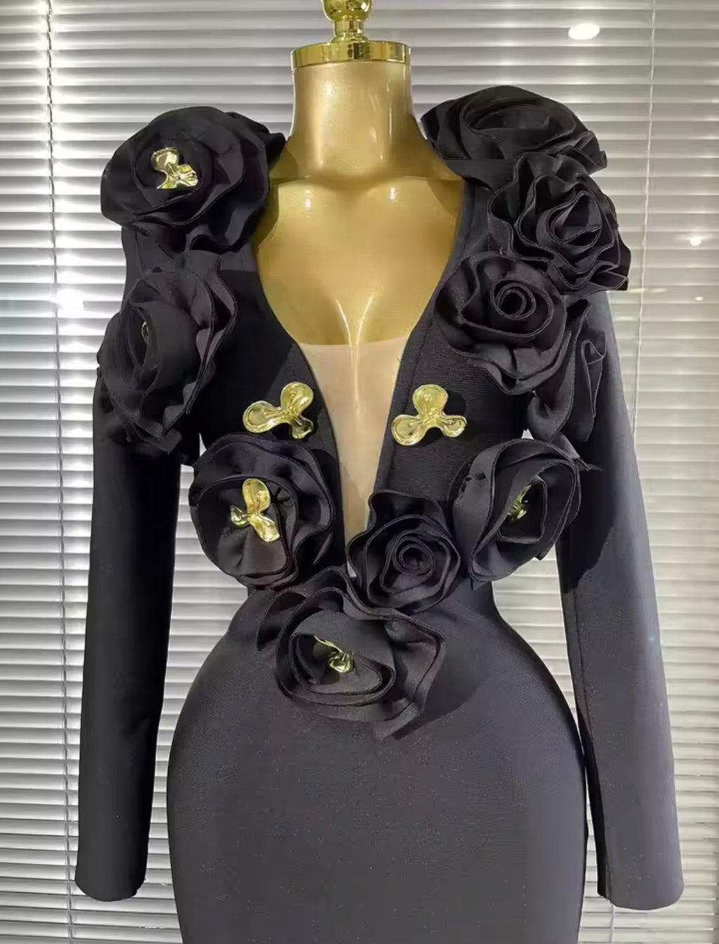 Luxury 3D Rose Floral Accent Long Sleeve Maxi Bandage Dress – Elegant Evening Gown