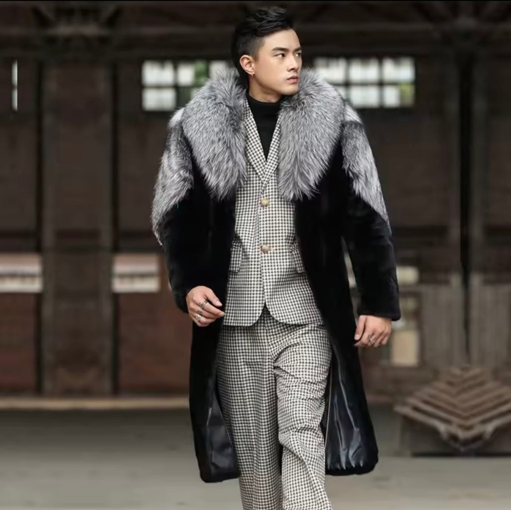 Luxury Faux Fur Long Coat for Men with Silver Fox Collar