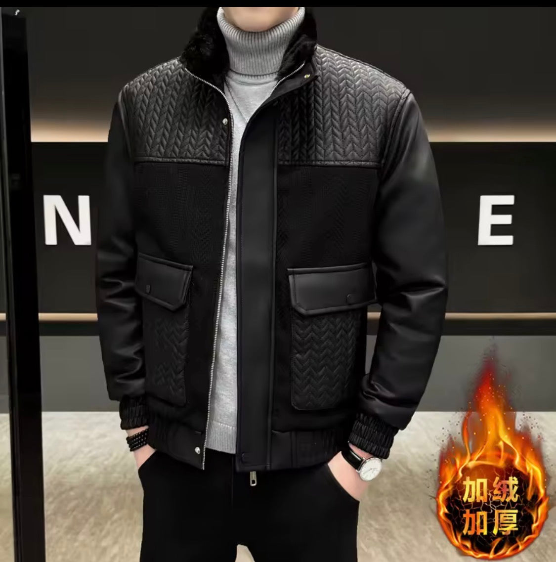 Men’s Fleece-Lined PU Leather Jacket – Bomber Jacket with Faux Fur Collar
