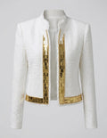 Women White Bouclé Tweed Jacket with Gold Chain Sequin Trim | Open Front Elegant Cropped Blazer, Vintage Style Evening Party Coat