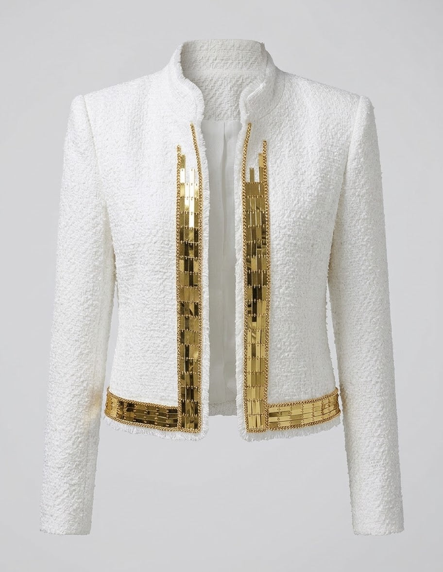 Women White Bouclé Tweed Jacket with Gold Chain Sequin Trim | Open Front Elegant Cropped Blazer, Vintage Style Evening Party Coat